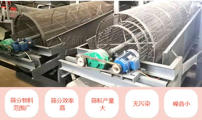 滾筒篩分機(jī)主要特點(diǎn)：篩分物料范圍廣，篩分效率高，篩分產(chǎn)量大，無(wú)污染，噪音小。