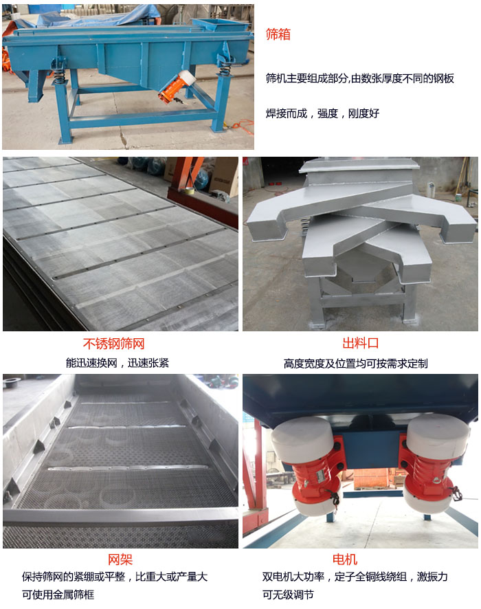 520型直線振動篩結(jié)構(gòu)：篩箱：篩機(jī)主要組成部分，由數(shù)張厚度不同的鋼板焊制而成，強(qiáng)度，剛度好。不銹鋼篩網(wǎng)：能迅速換網(wǎng)，迅速張緊。電機(jī)：雙電機(jī)大功率，定子全銅線繞組，激振力可無極調(diào)節(jié)。網(wǎng)架：保持篩網(wǎng)的緊繃和平整，比重大或產(chǎn)量大時(shí)可使用金屬篩框。出料口：高度寬度及位置均可按照用戶的要求來定制。
